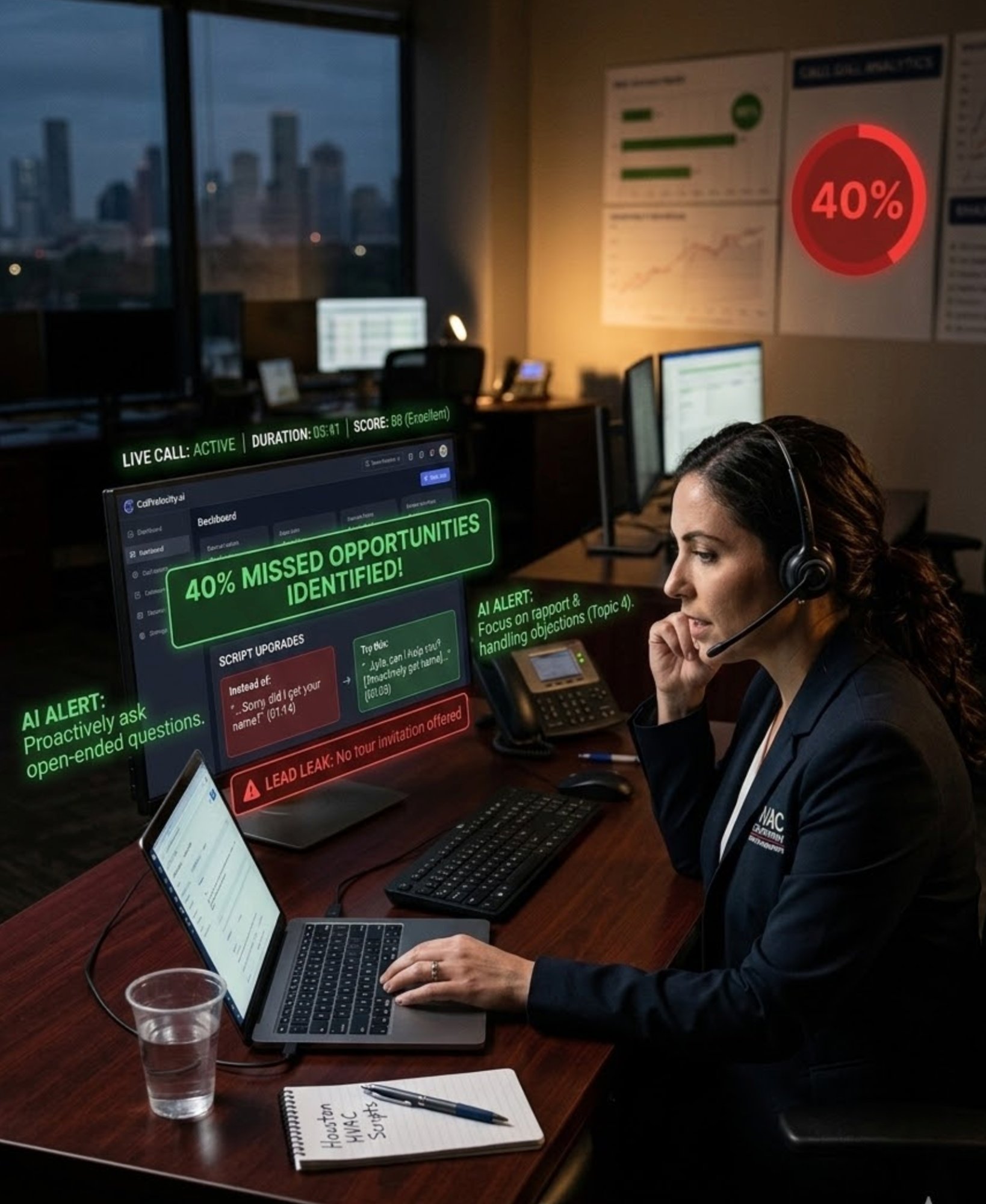 HVAC call rep reviewing missed opportunity alerts with CallVelocity AI