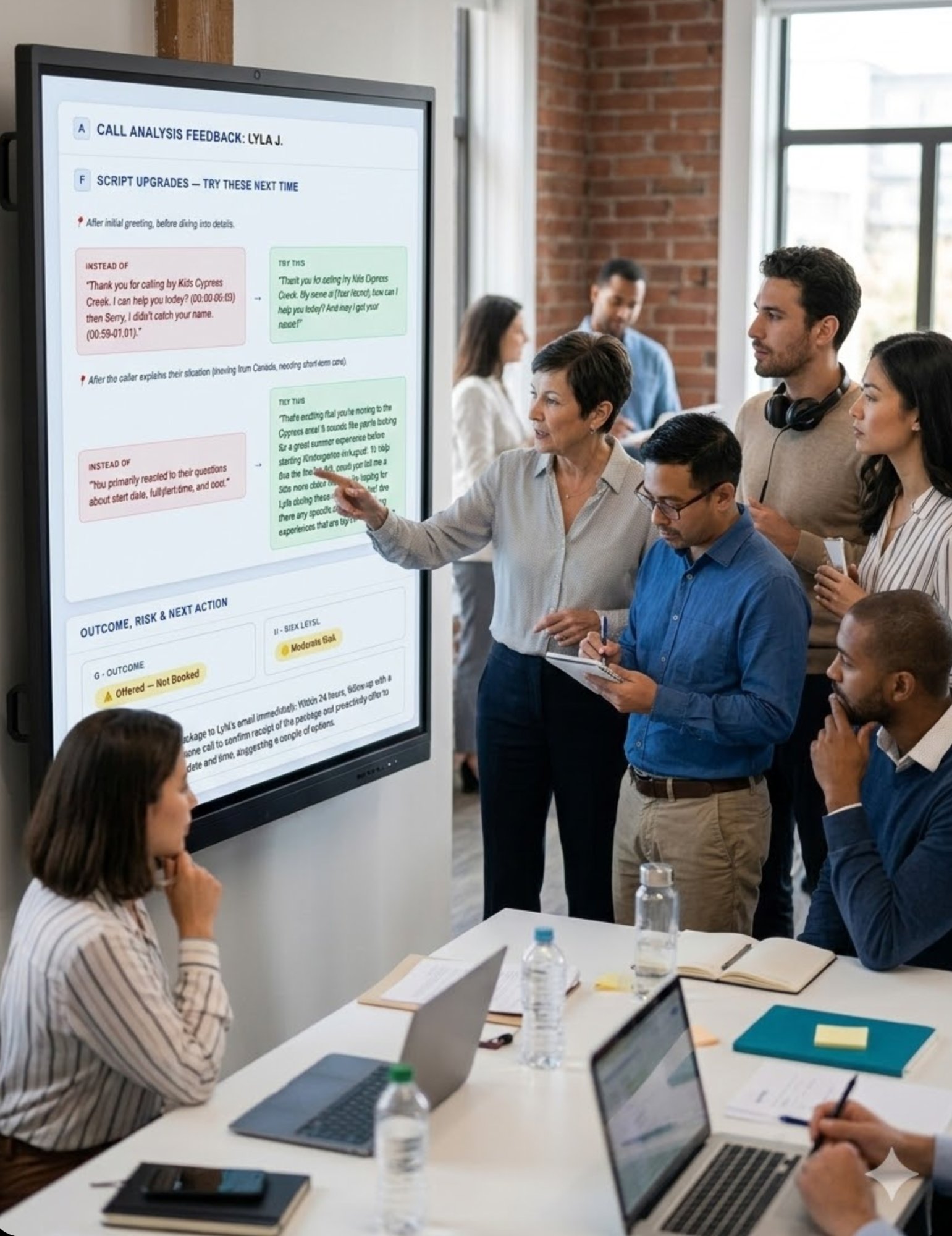 Sales team reviewing call analysis feedback together